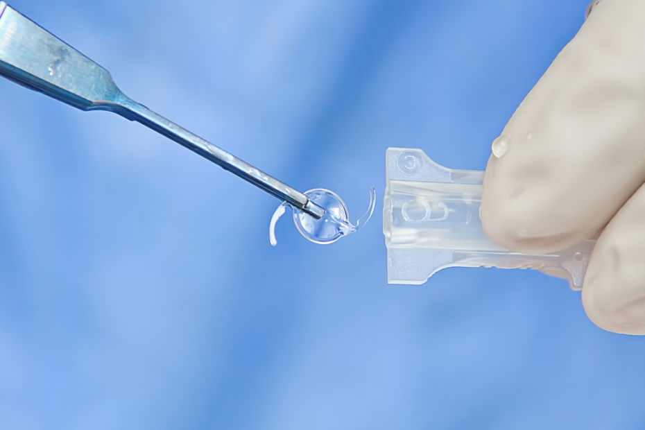 lente intraocular da cirurgia de catarata sendo segurada em uma pinça